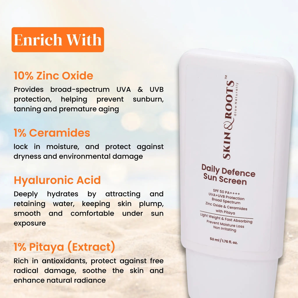 Daily Defence Sun Screen | Zinc Oxide & Ceramides | Light Weight & Fast Absorbing | SPF 50 PA++++