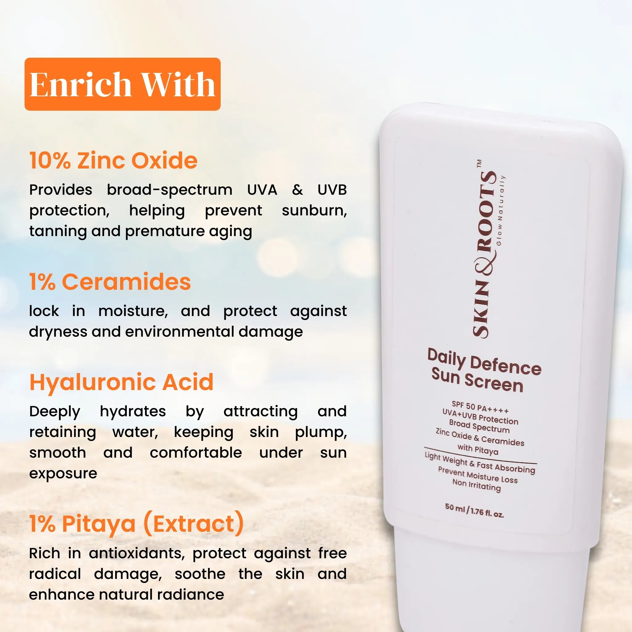 Daily Defence Sun Screen | Zinc Oxide & Ceramides | Light Weight & Fast Absorbing | SPF 50 PA++++